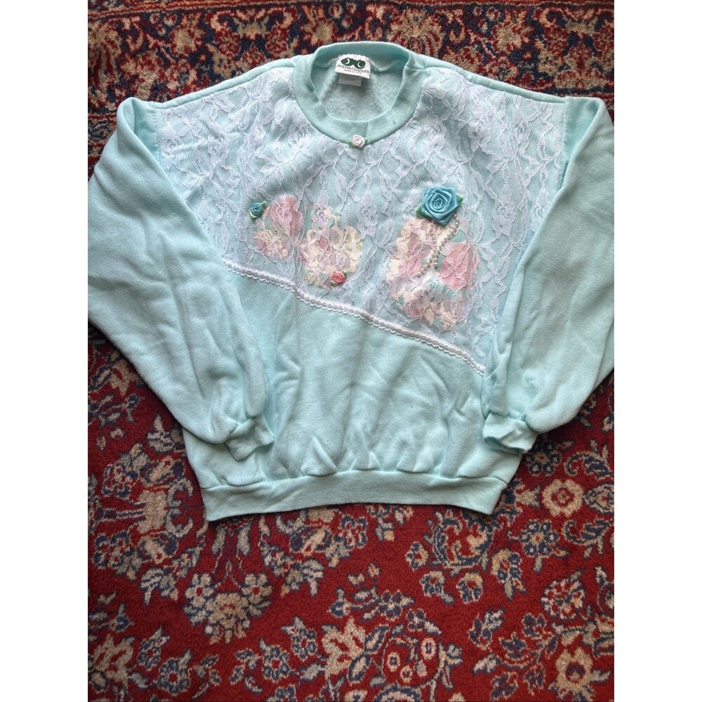 Vintage Girls Youth Large Roses Lace Embellished Sweater Justin Charles